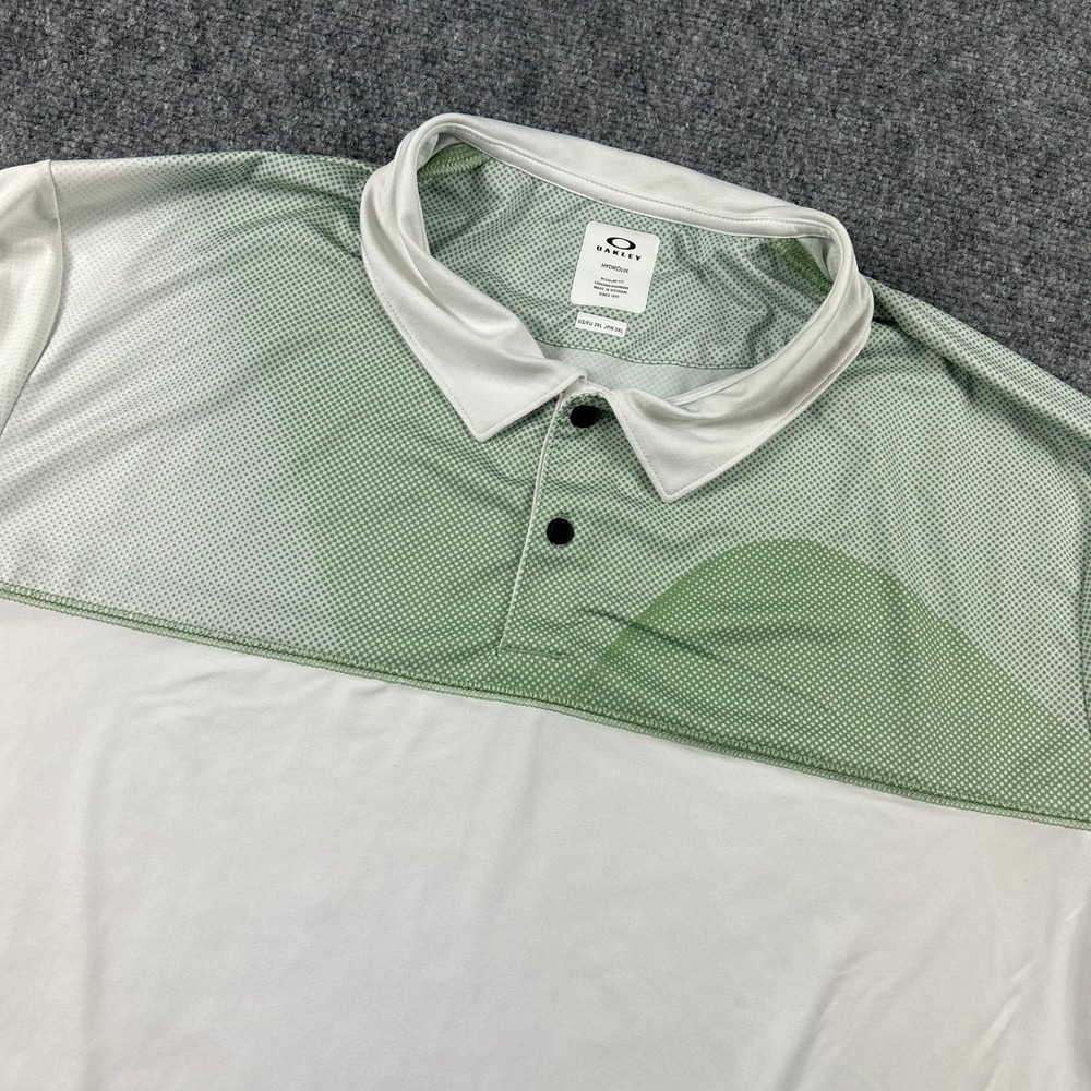 Oakley Polo Shirt Mens 2XL White Green Hydrolix Dot Pattern Golf Activewear